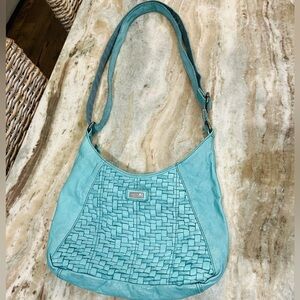 Women’s SPIKES AND SPARROW turquoise blue basketweave leather crossbody purse